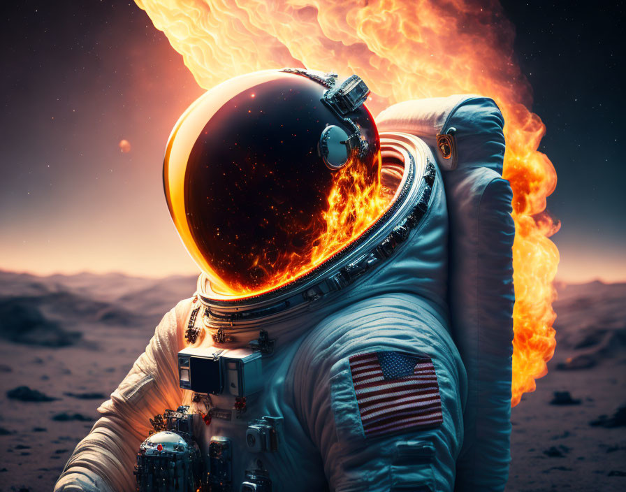 Fiery helmeted astronaut on Mars-like terrain with intense blaze.