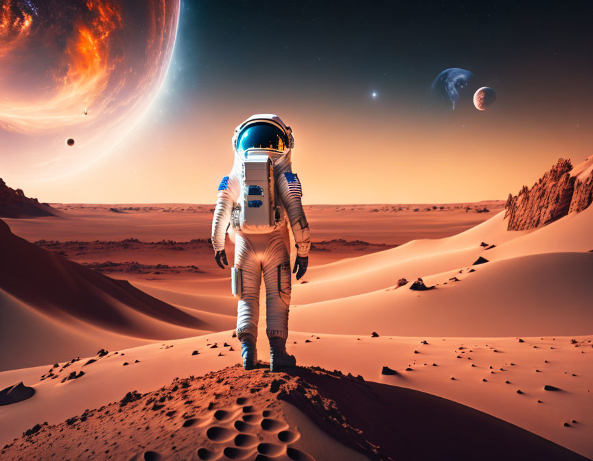 Astronaut on alien planet with celestial bodies above.