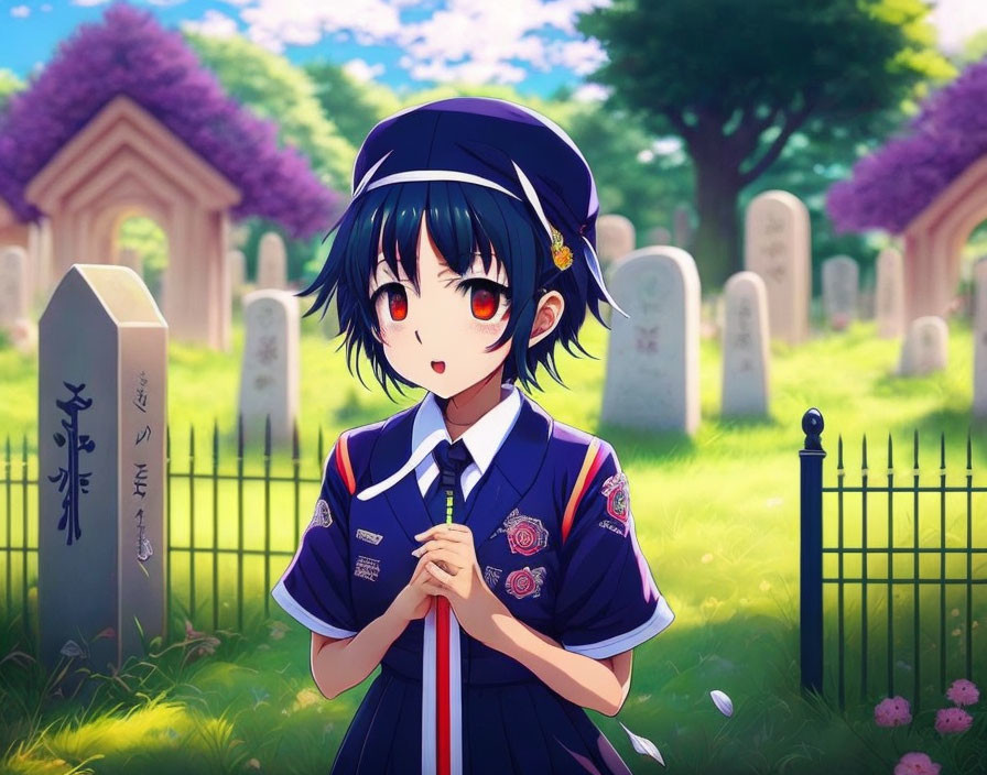 Anime girl with black hair in blue uniform at cemetery with purple flowers