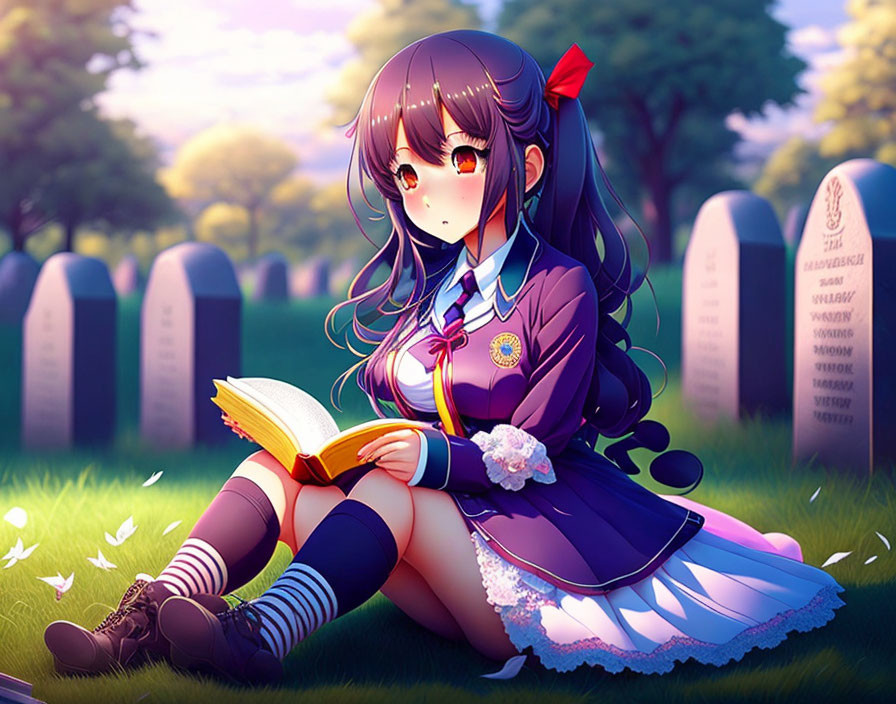 Long-haired anime girl reading in cemetery among fallen leaves
