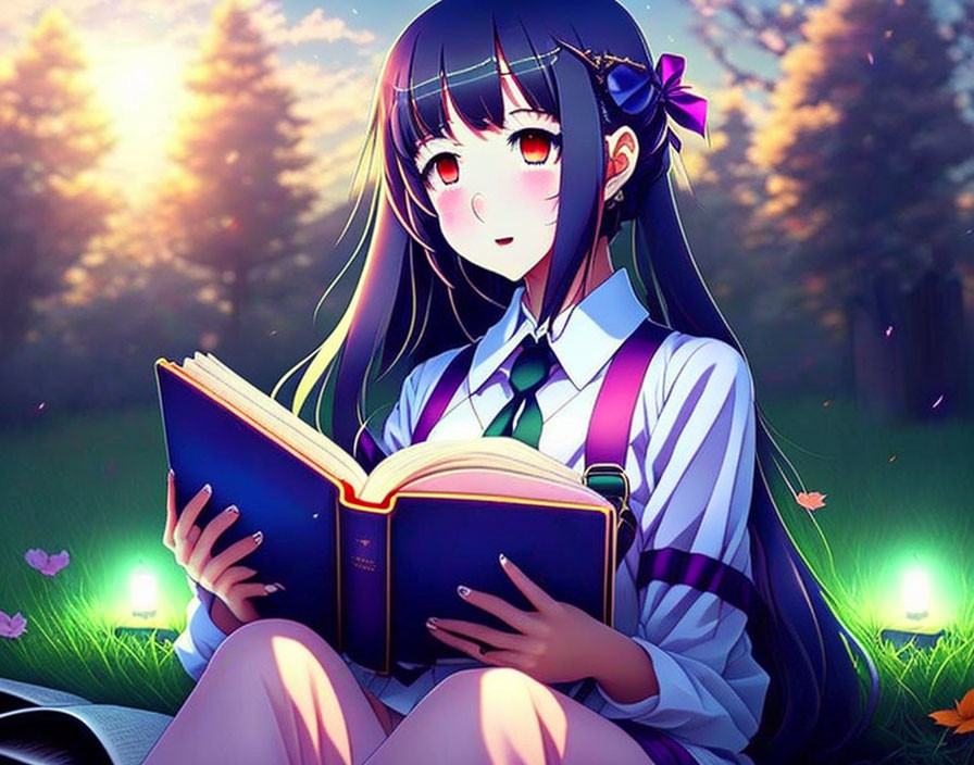 Anime girl with long black hair reading a book at sunset