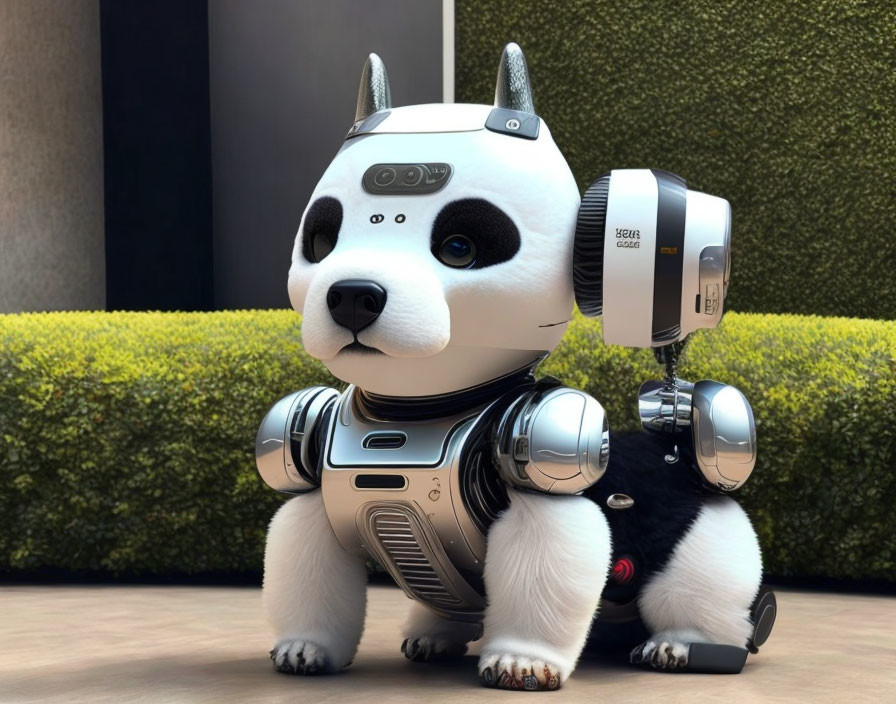 White and black robot dog with camera on back sitting in front of hedge