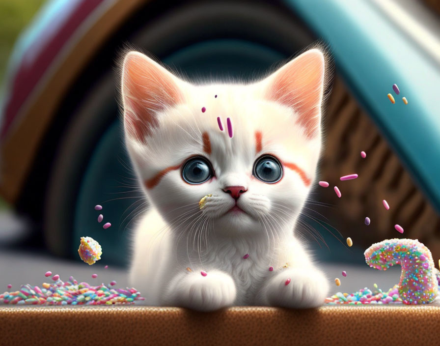 Adorable animated kitten with blue eyes and sprinkle decorations on white fur