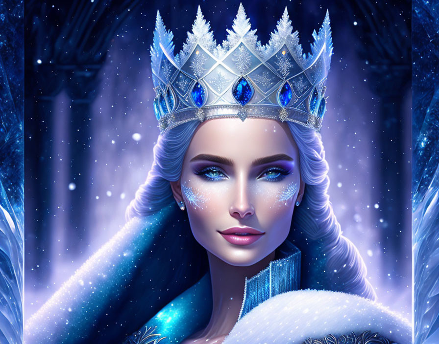 Illustrated woman with ice crown in snowy setting