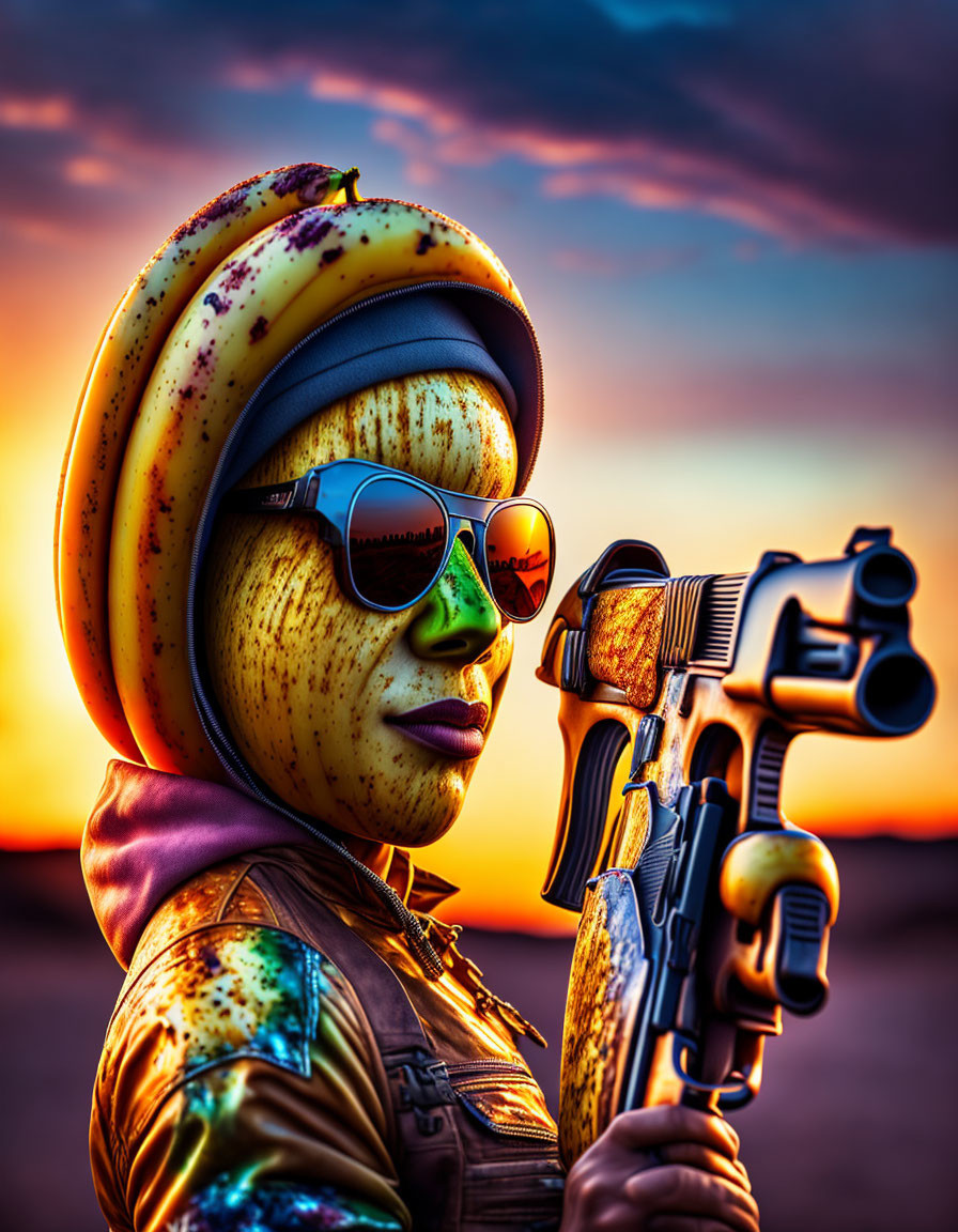 Person in Banana Peel Helmet with Golden Gun at Sunset