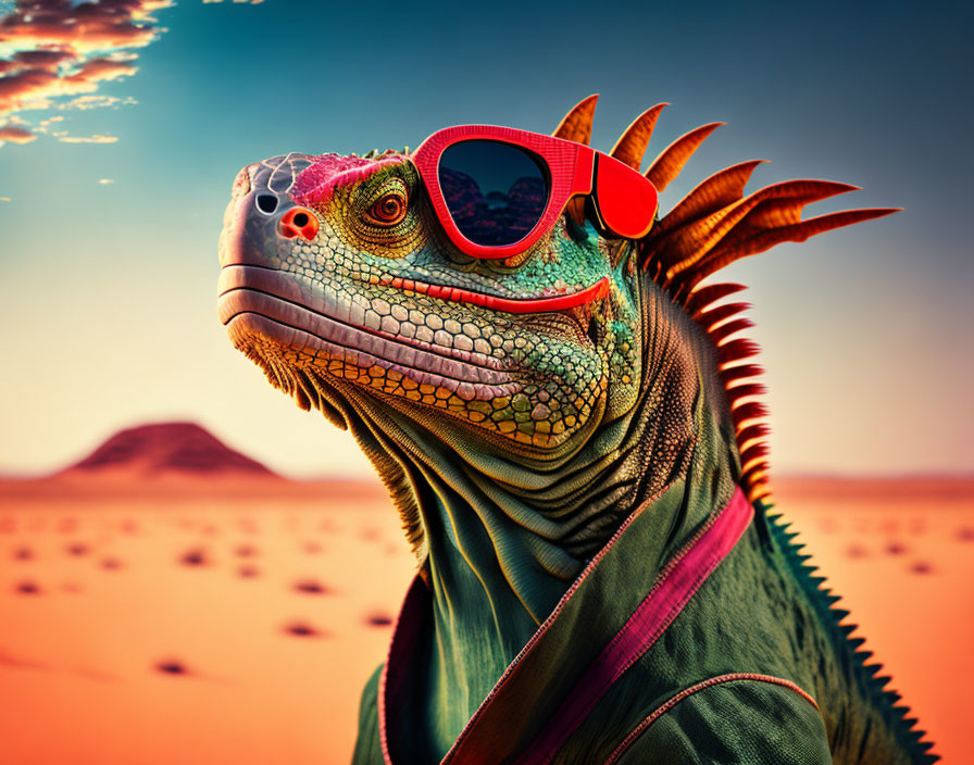 Vibrant anthropomorphic iguana in red sunglasses and green jacket in desert scenery