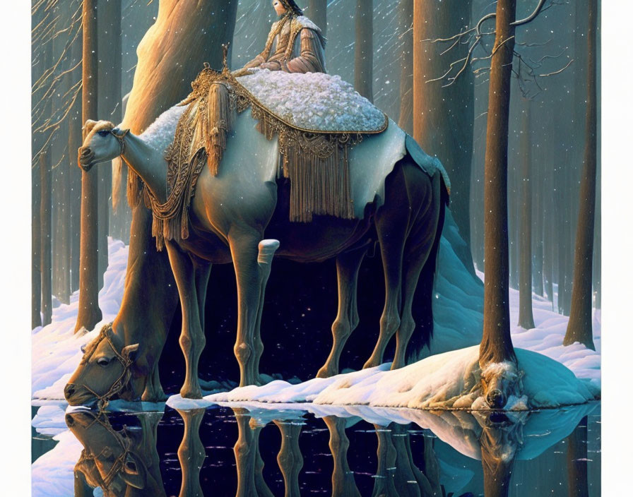 Surreal image: camel with inverted reflection of woman riding in snowy forest