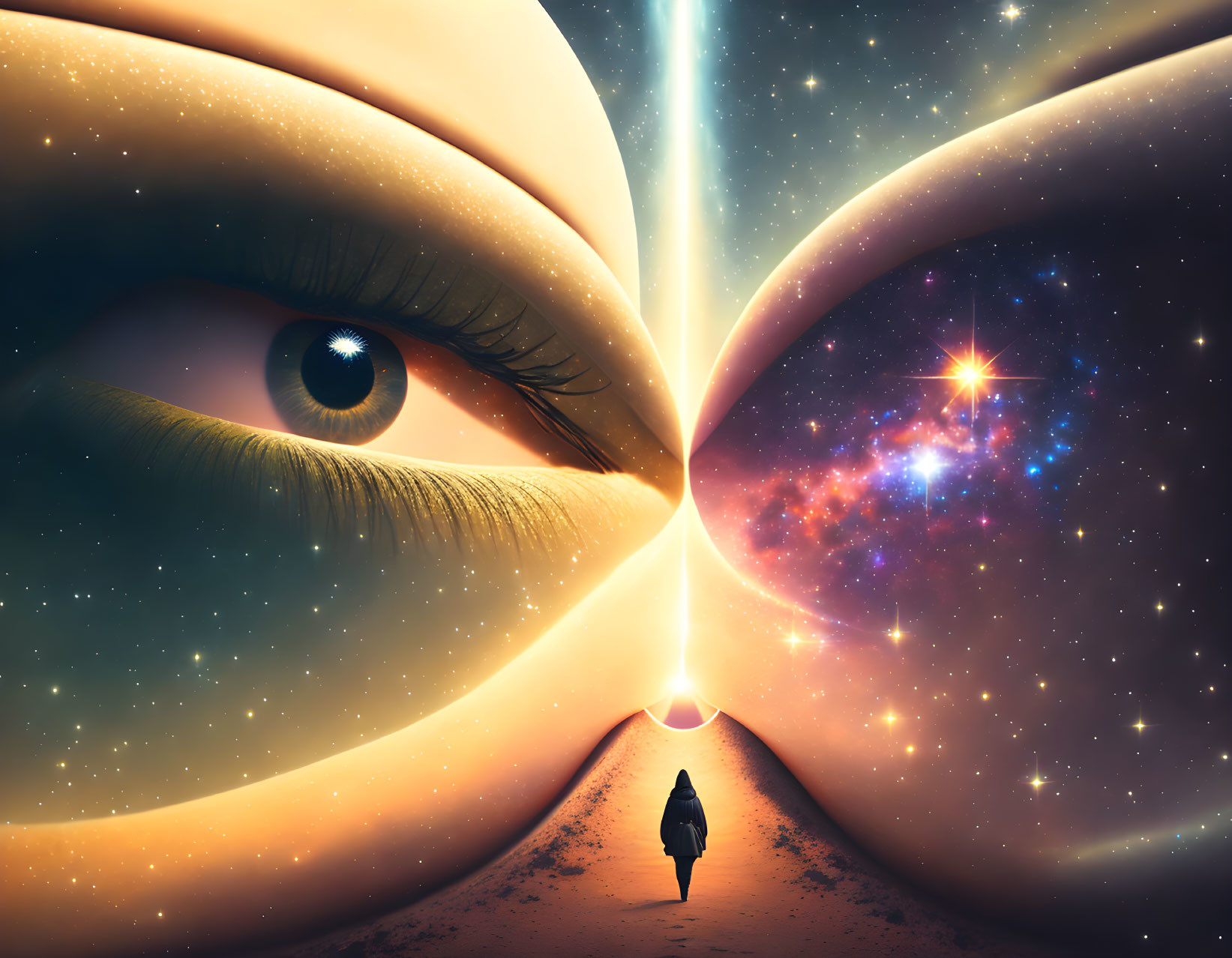 Surreal artwork: vast eye, cosmic landscape, solitary figure, starry skies