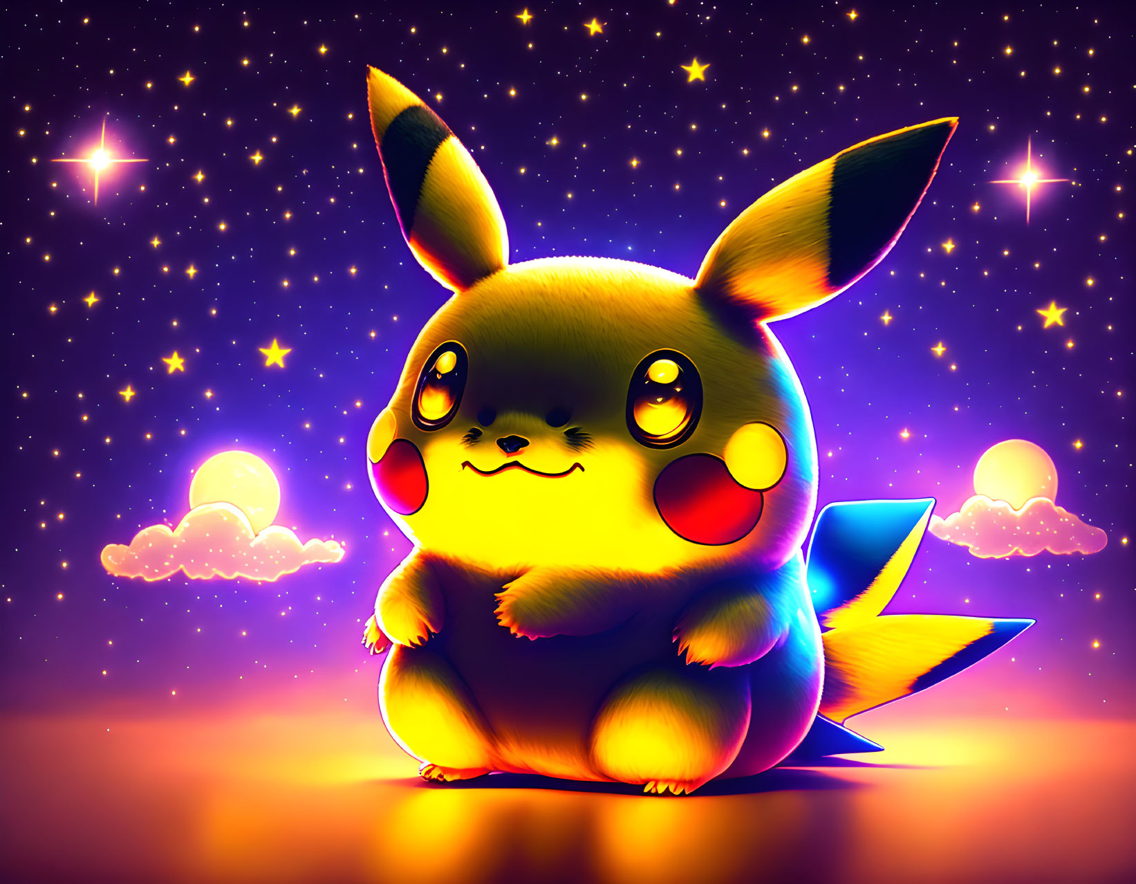 Bright Pikachu illustration on starry night sky with glow effect