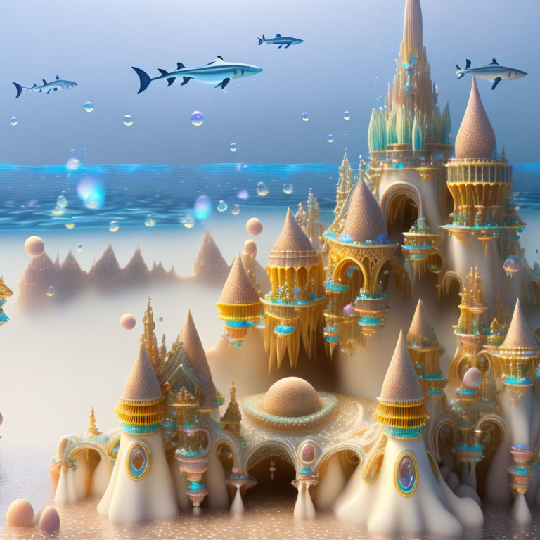 Fantastical underwater cityscape with golden-tipped ivory towers and shimmering bubbles