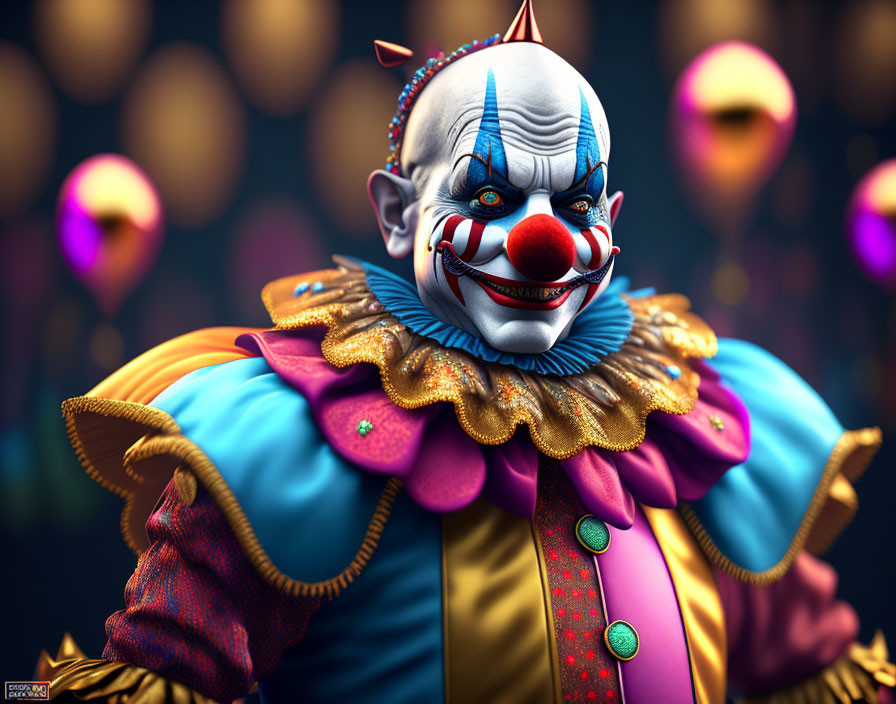 Detailed 3D illustration of sinister clown with vibrant makeup and colorful costume