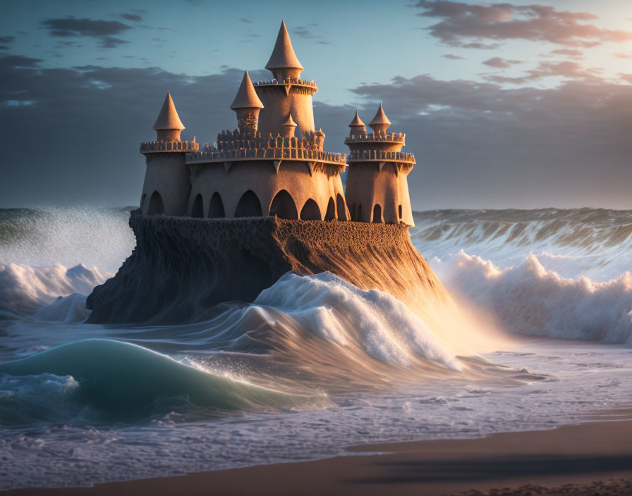 Elaborate sandcastle with multiple towers on beach at sunset