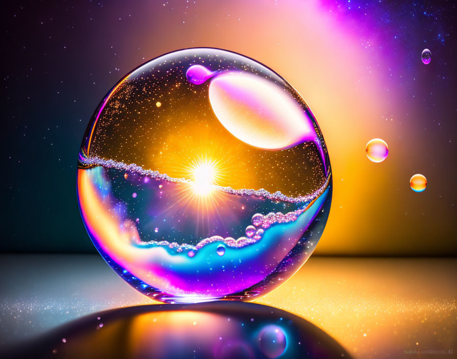 Colorful Light Patterns Reflected in Soap Bubble with Bokeh Background