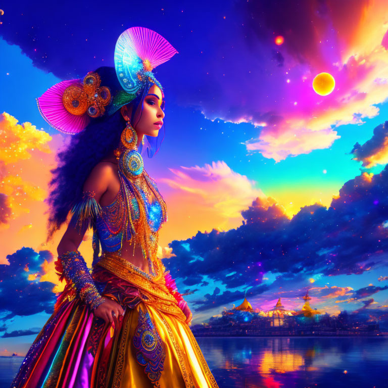 Digital artwork featuring woman in fantasy attire with colorful sunset, celestial bodies, and reflective water.