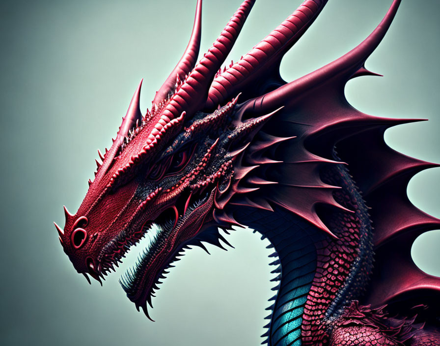 Detailed Illustration: Red and Violet Dragon with Sharp Scales and Horns on Green Background