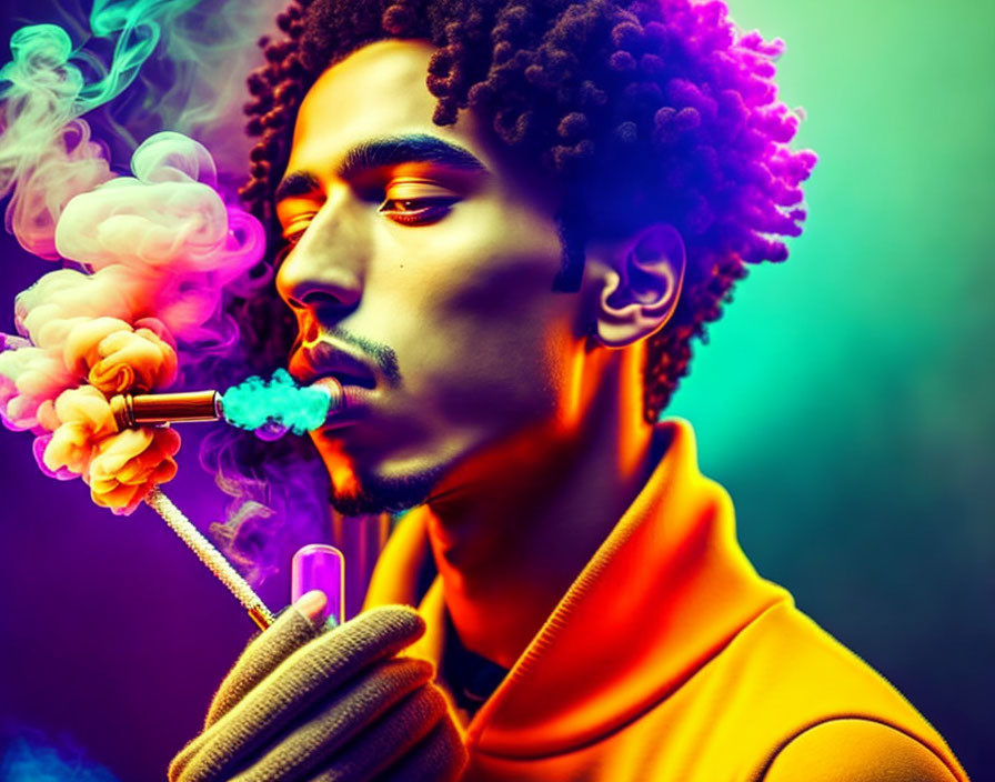 Young man with afro smoking hookah in neon-lit setting