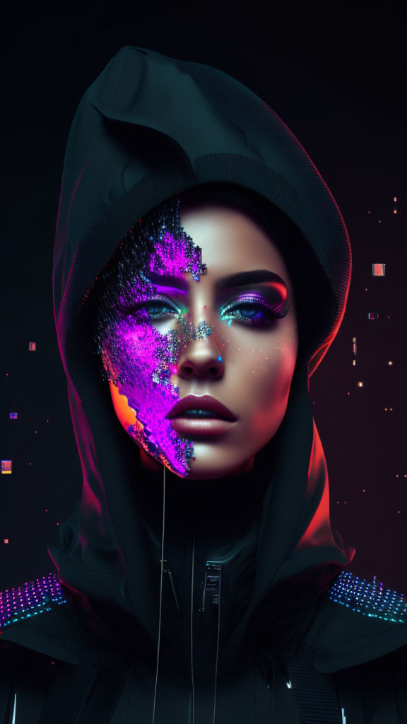 Hooded Figure with Glowing Digital Face in Purple and Blue Hues