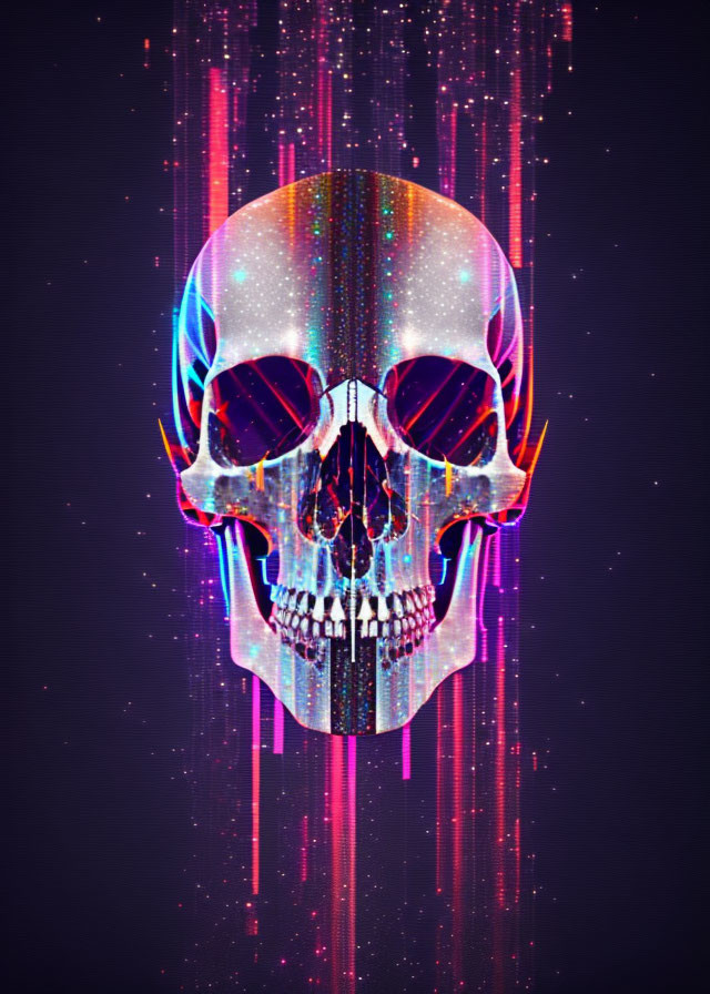 Colorful neon skull art with cosmic background & light streaks