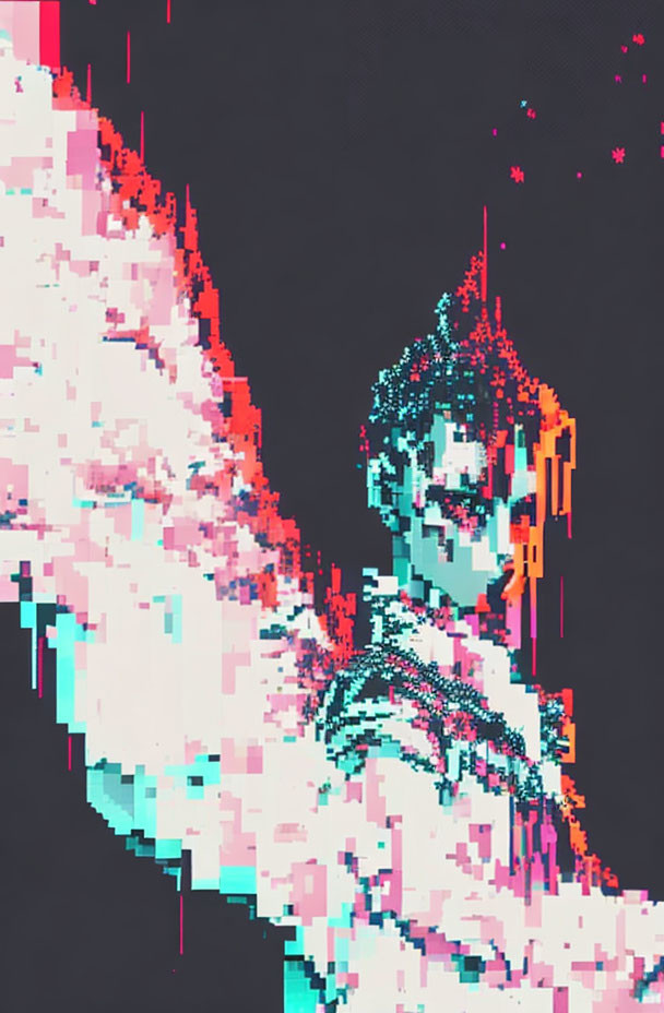 Abstract Pixelated Portrait with Cool Tones and Red Vertical Streaks