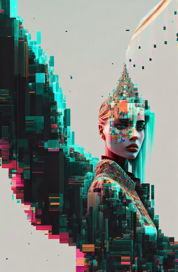 Futuristic glitchy digital artwork of a woman in turquoise and pink.