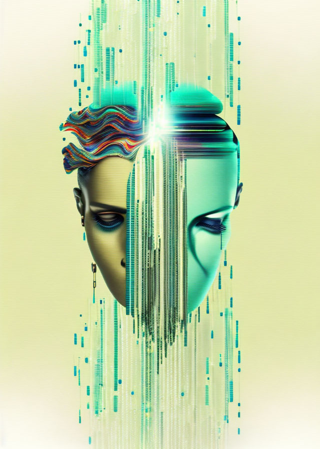 Mirrored surreal faces with glitch effect and vibrant hair