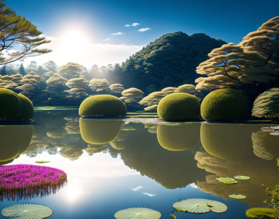 Tranquil garden with round bushes, pond, flowers, and trees