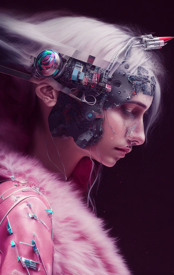 Person with Cyborg Features and Mechanical Eye Against Pink Fur Collar