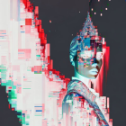 Abstract Pixelated Portrait with Cool Tones and Red Vertical Streaks