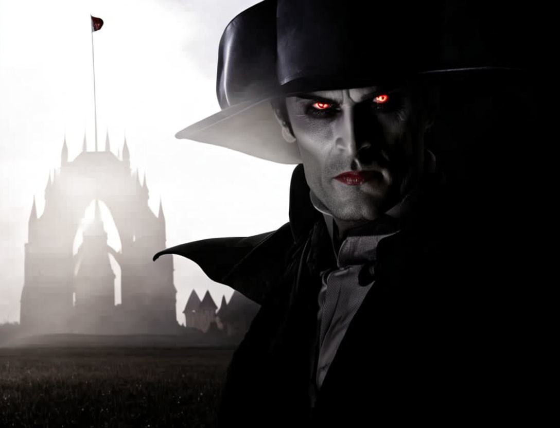 Menacing vampire with red eyes in a large hat and cape at spooky castle