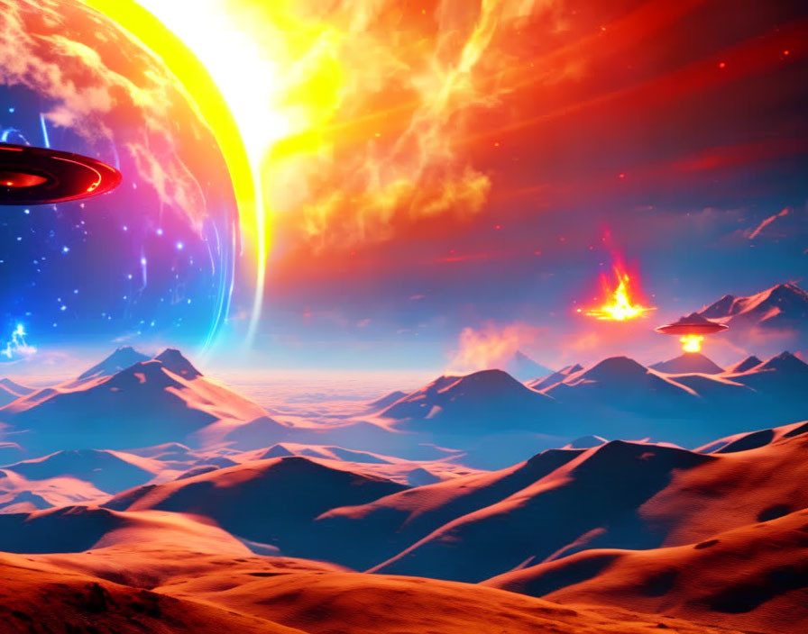 Snow-covered mountains, fiery explosions, UFOs, and a large planet in sci-fi landscape