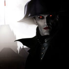 Menacing vampire with red eyes in a large hat and cape at spooky castle