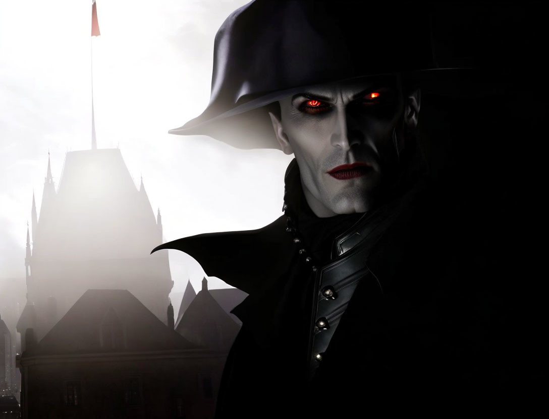 Sinister vampire with red eyes in large brimmed hat and cloak before gloomy castle.