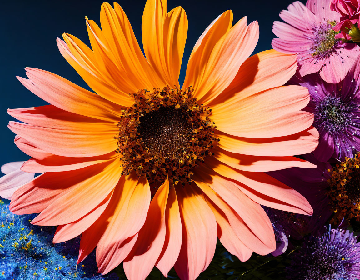 Bright Sunflower with Dark Center on Blue and Purple Background