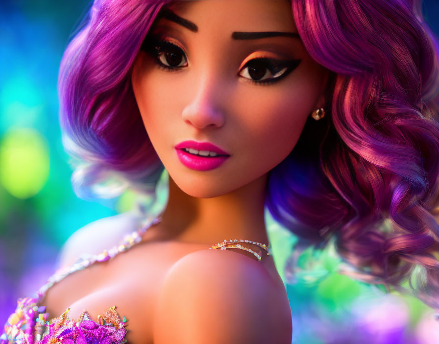 Vibrant 3D Rendered Woman with Purple Hair and Bold Makeup