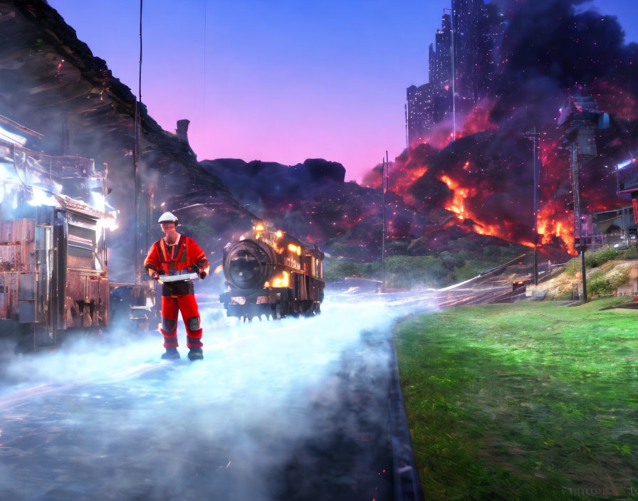 Worker in high-visibility clothing on train tracks with steam and fiery sky.