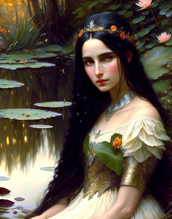 Woman with Long Black Hair and Floral Crown by Pond with Lotus Flowers and Lily Pads in Cream G