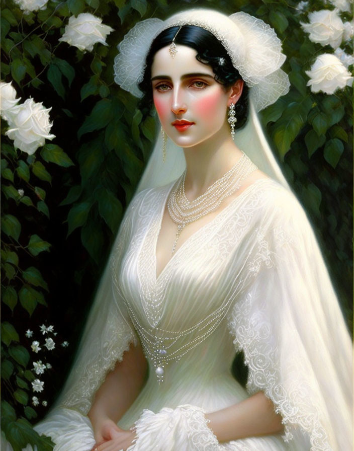 Portrait of Woman in White Dress and Pearls Among White Roses