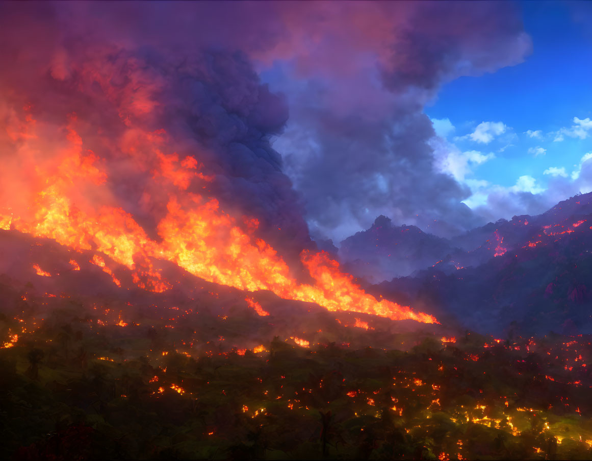 Wildfire consuming mountain landscape with intense flames and smoke-filled sky