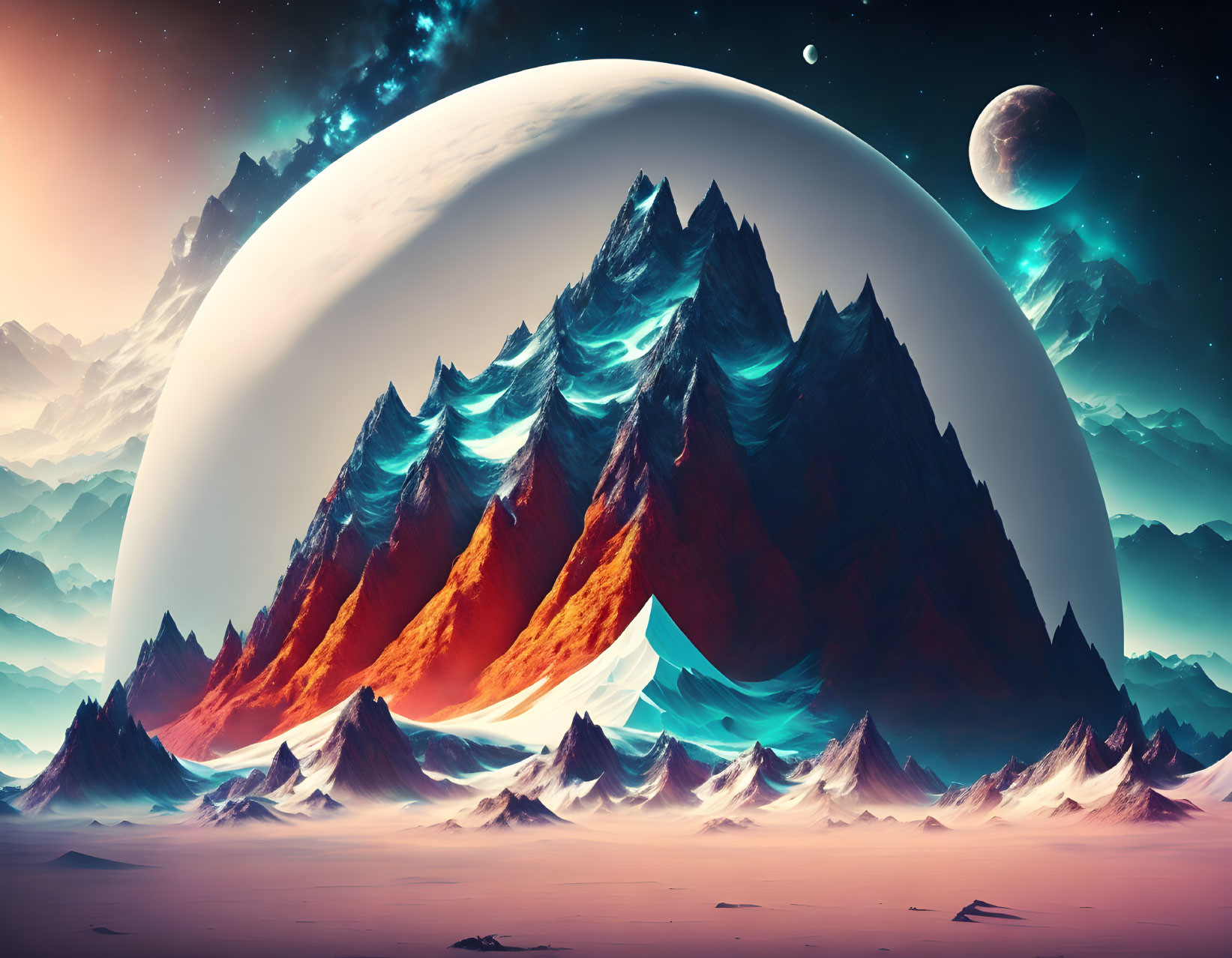 Surreal landscape with towering mountains and giant planet under starry sky