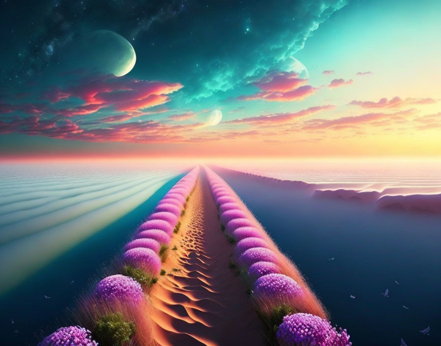 Fantasy landscape with pink and purple flower-lined path and two moons