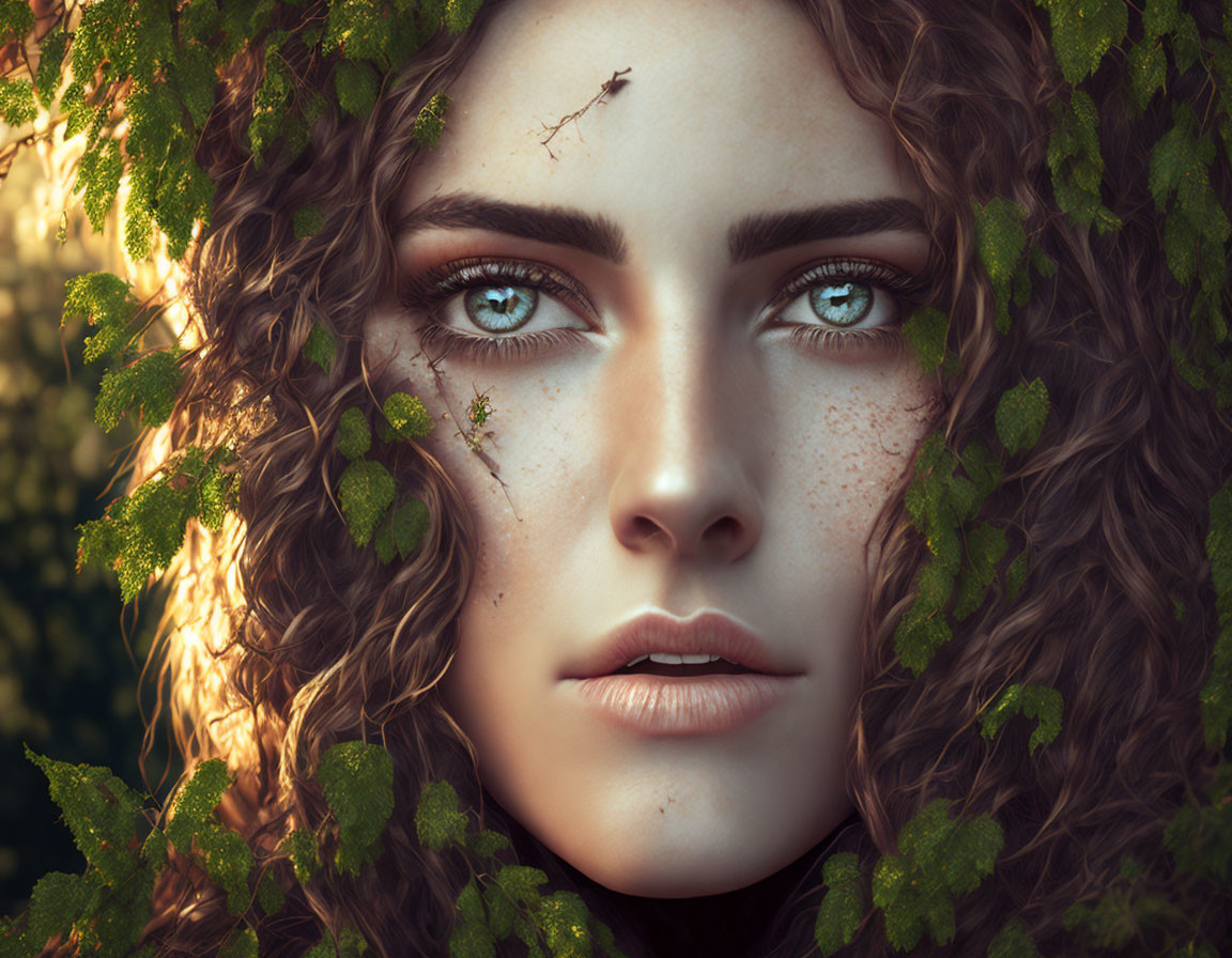 Close-up Portrait of Person with Curly Hair and Blue Eyes Among Leaves