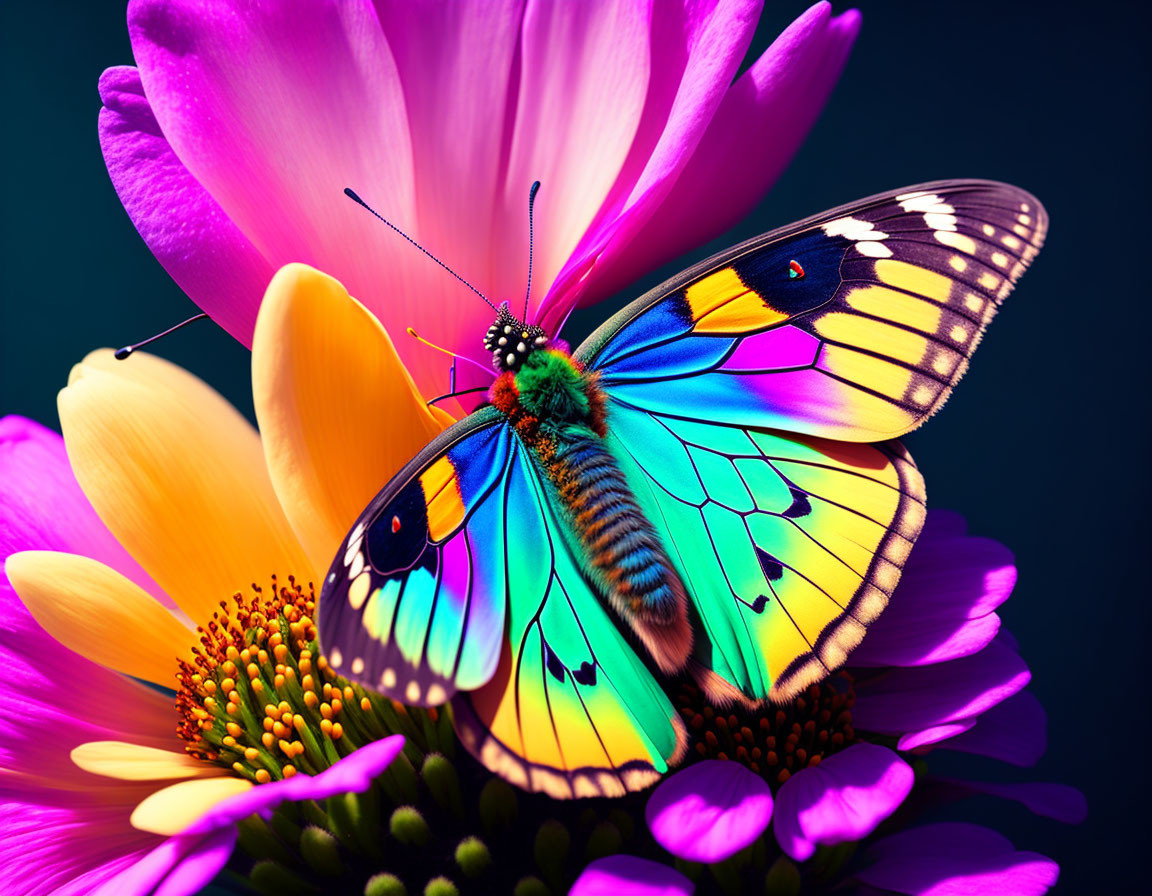 Colorful Butterfly on Pink Flower Petals Against Teal Background