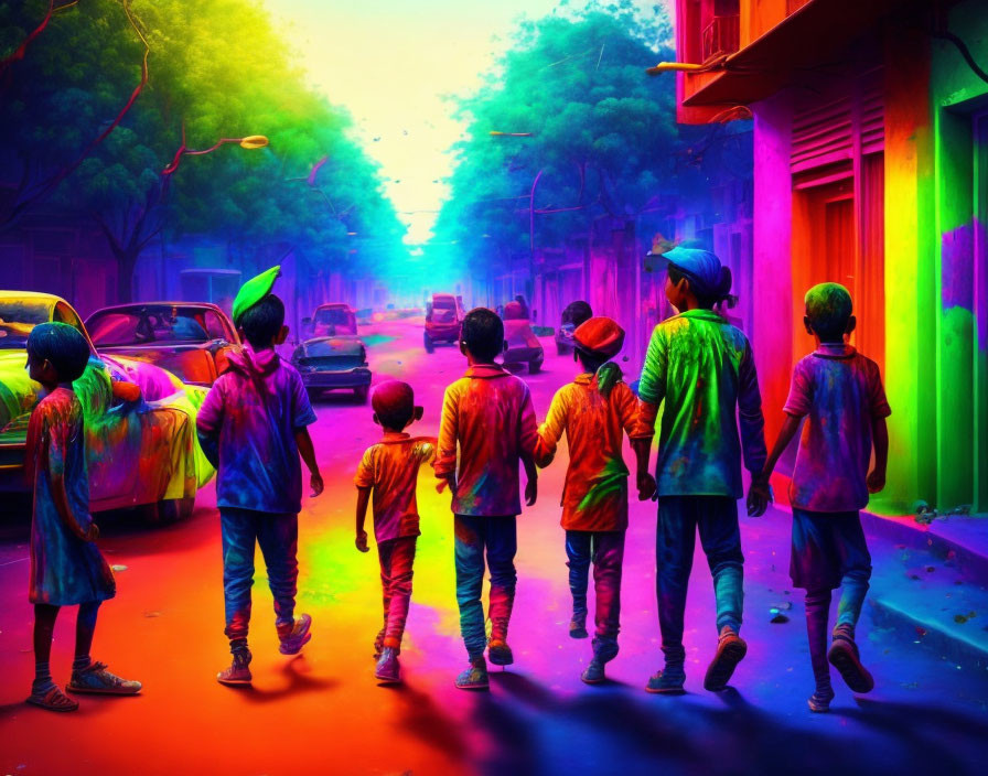 Children in Colorful Clothes Walking Down Vibrant Neon Street