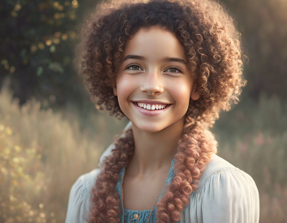 Curly-Haired Girl in Denim Dress Smiling in Sunlit Field