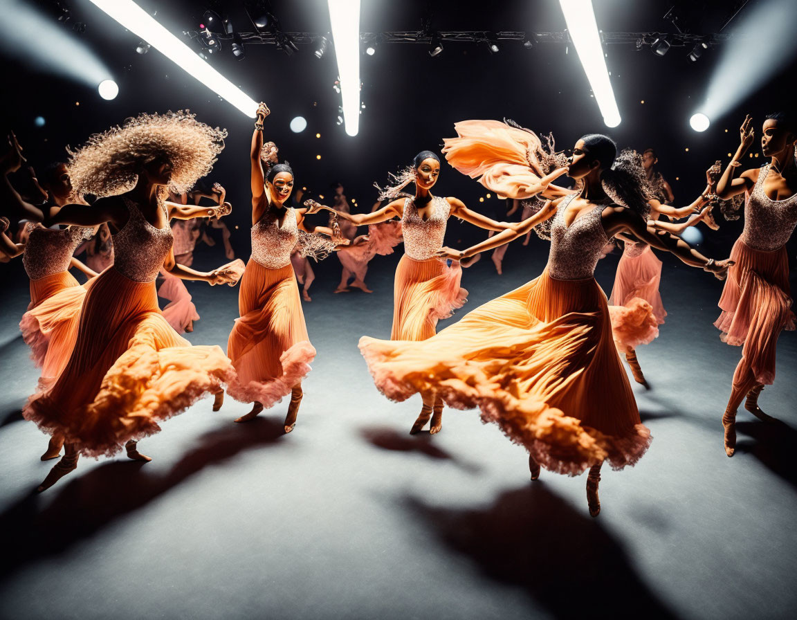 Vibrant dancers in orange dresses showcase dynamic movements onstage.