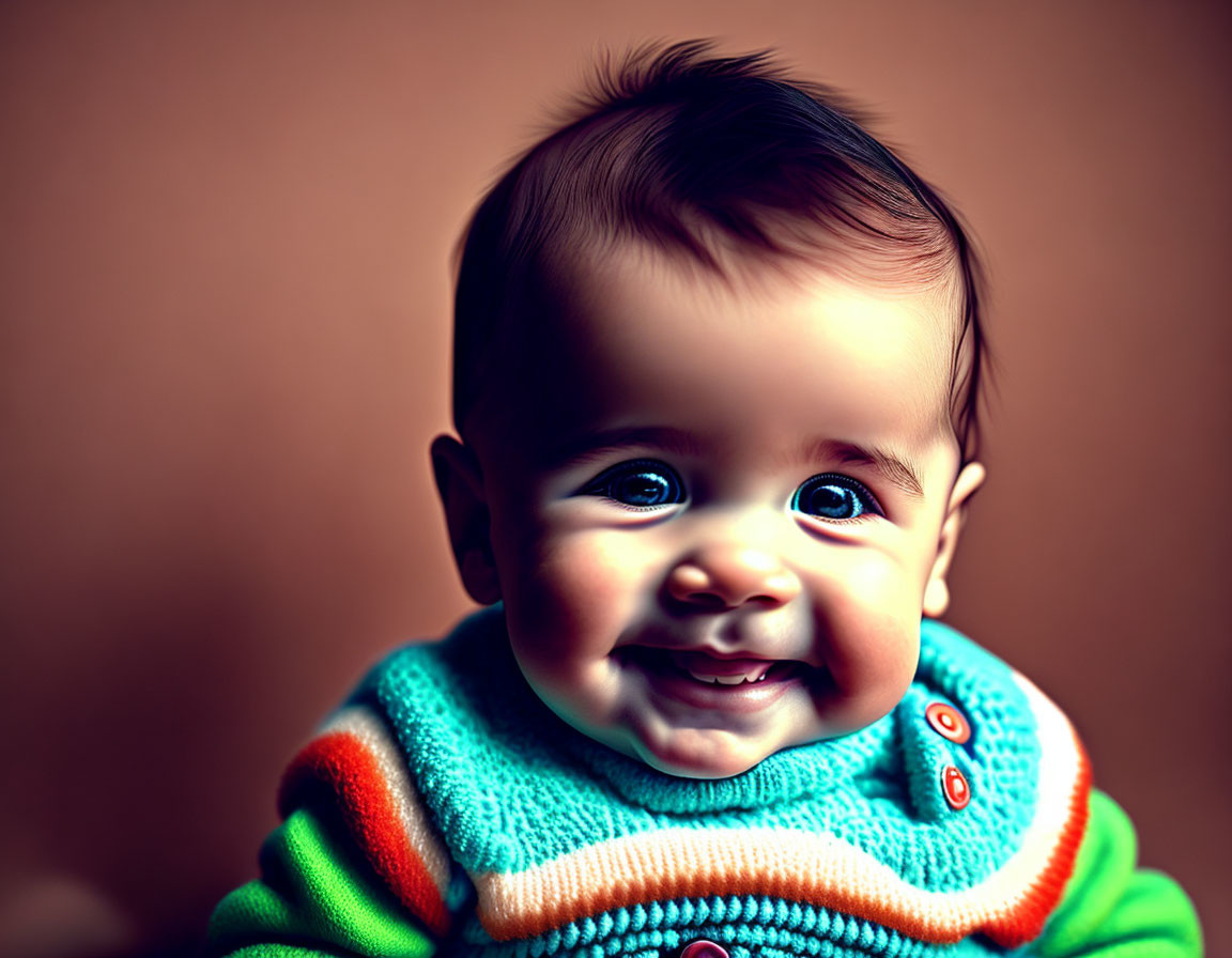 Smiling baby in colorful striped sweater with sparkling blue eyes