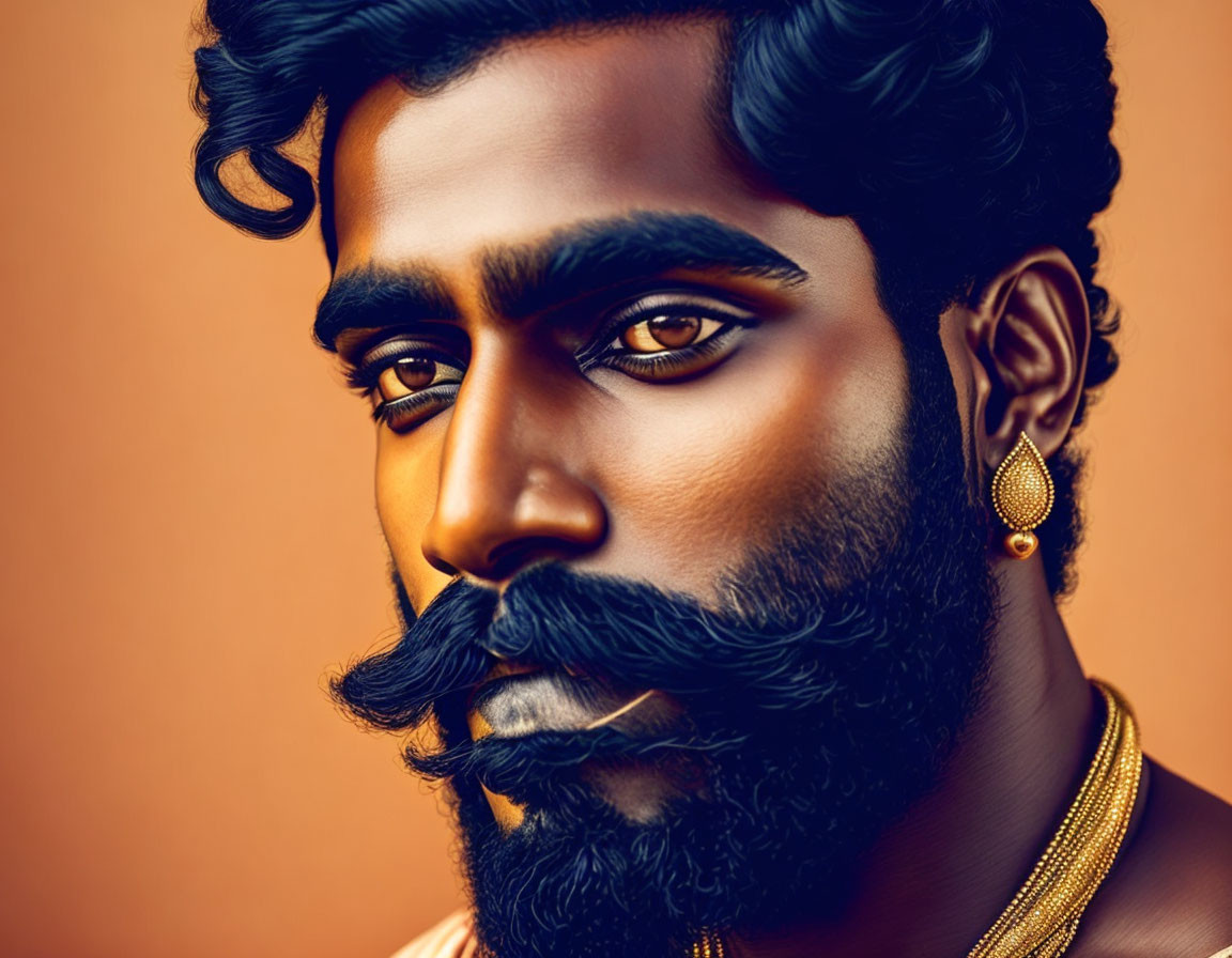 Man with Dark Skin, Facial Hair, Earring, and Gold Jewelry on Orange Background