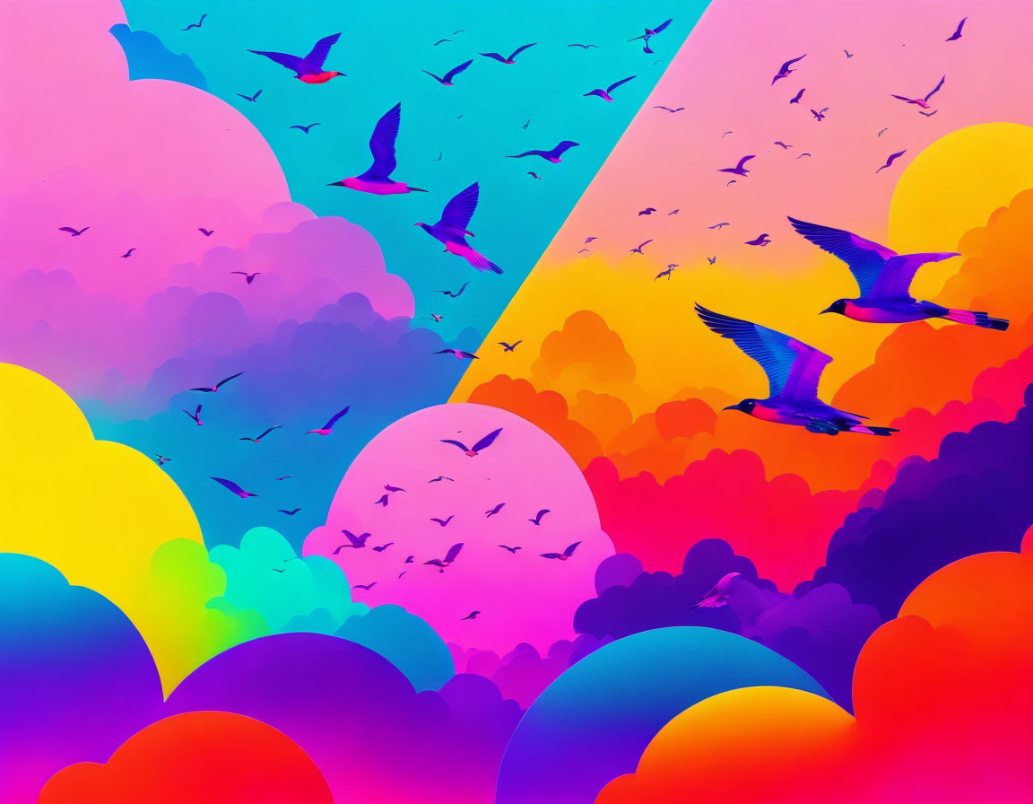 Colorful surreal landscape with layered clouds and birds in gradient sky