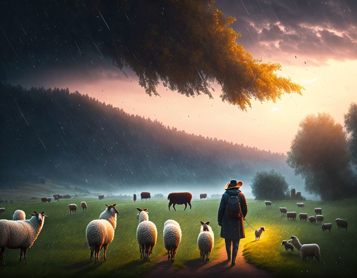 Shepherd in Blue Coat Watching Sheep in Rainy Meadow at Sunset