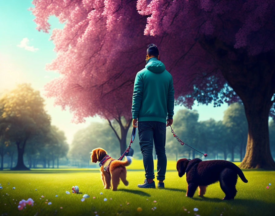 Person walking two dogs in blooming cherry blossom park.